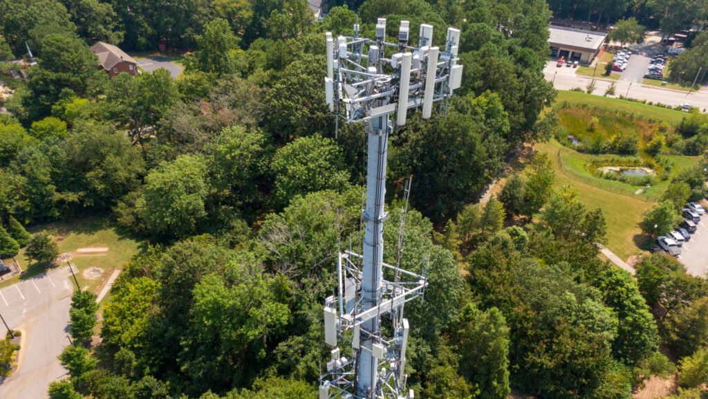 Drone performing an aerial inspection of a cell tower